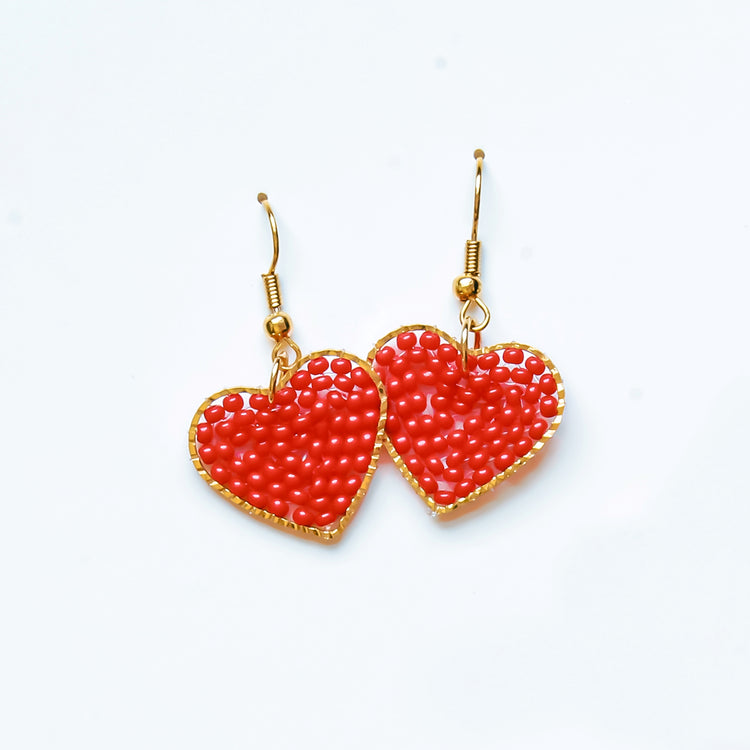 Red Heart Dangle Earrings, heart Shaped filled with glass beads. Size in width is 0.75 inches x 1.5 inches in length. Hypoallergenic, Handmade, Premier Quality, Super Lightweight. Perfect for gifts #style_earrings-only #style_set